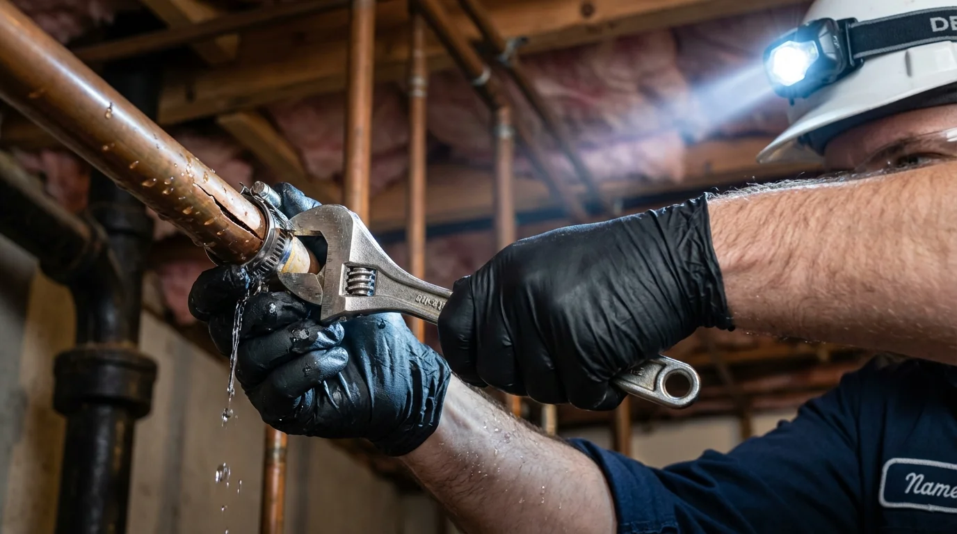 Emergency pipe clamp repair being performed by a Johns Plumbing LLC plumber in Crowley