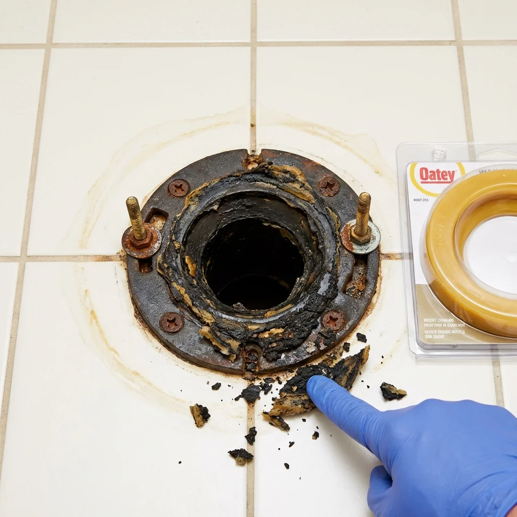 Failed wax ring showing water seepage at the base of a toilet in a Crowley, TX home